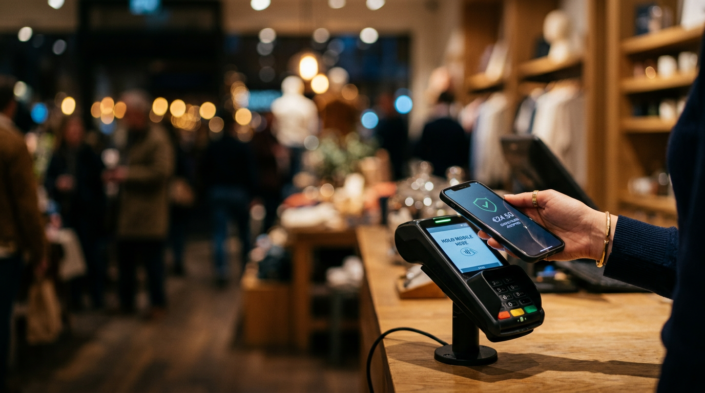Customer tapping a phone to pay on a contactless card terminal